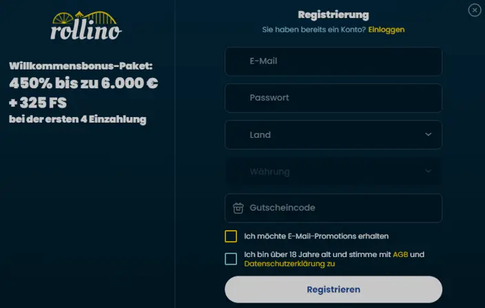 Rollino Casino Anmeldung Screenshot