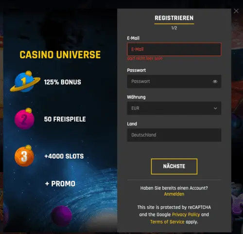 Casino Universe Registrierung 1/3